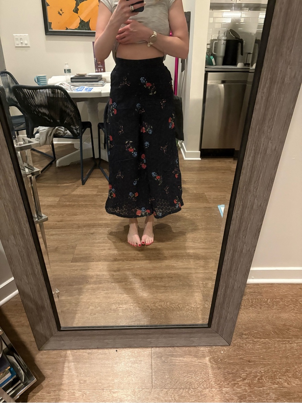 NICHOLAS Black Lace Midi flowy pants with Red and Blue Floral Embroidery